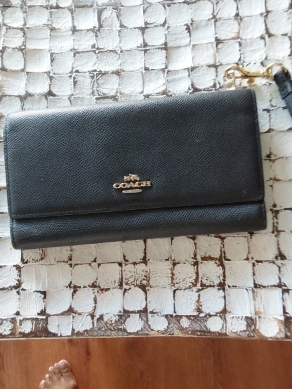 Coach Black Leather Wristlet Wallet with Gold Logo